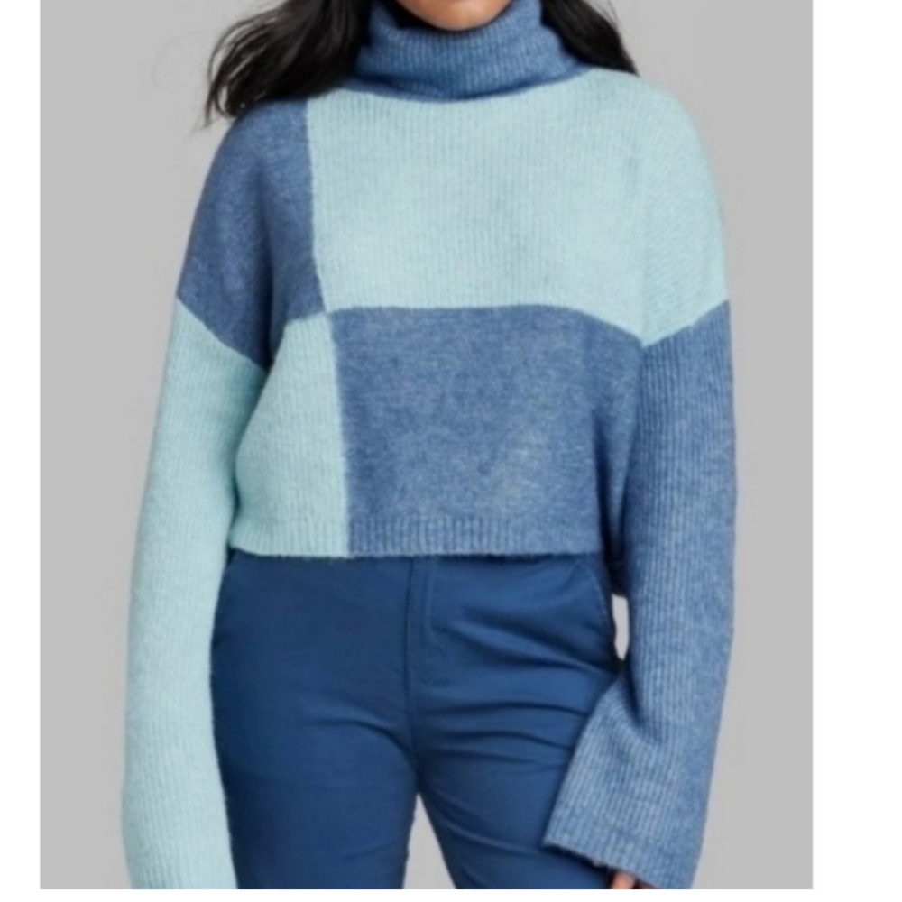 Wild Fable Blue Cropped Colorblock Turtleneck Sweater